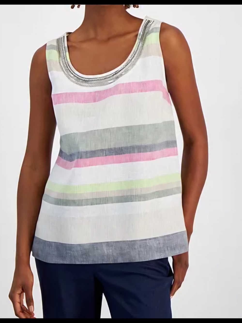 Charter Club Luxury 100% Linen Beaded Neck Tank Top XL Coastal Resort Pastel
